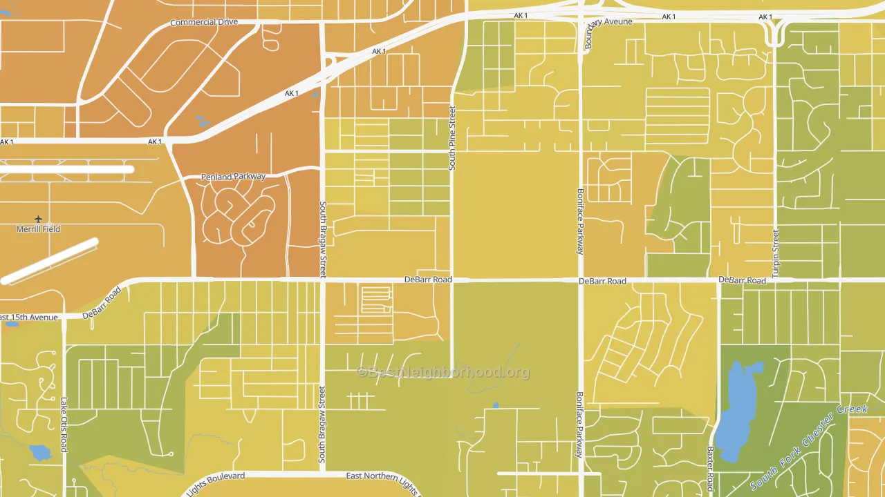 Map of the best neighborhoods in the Russian Jack Park, Anchorage area, with better matches in green and worse matches in red