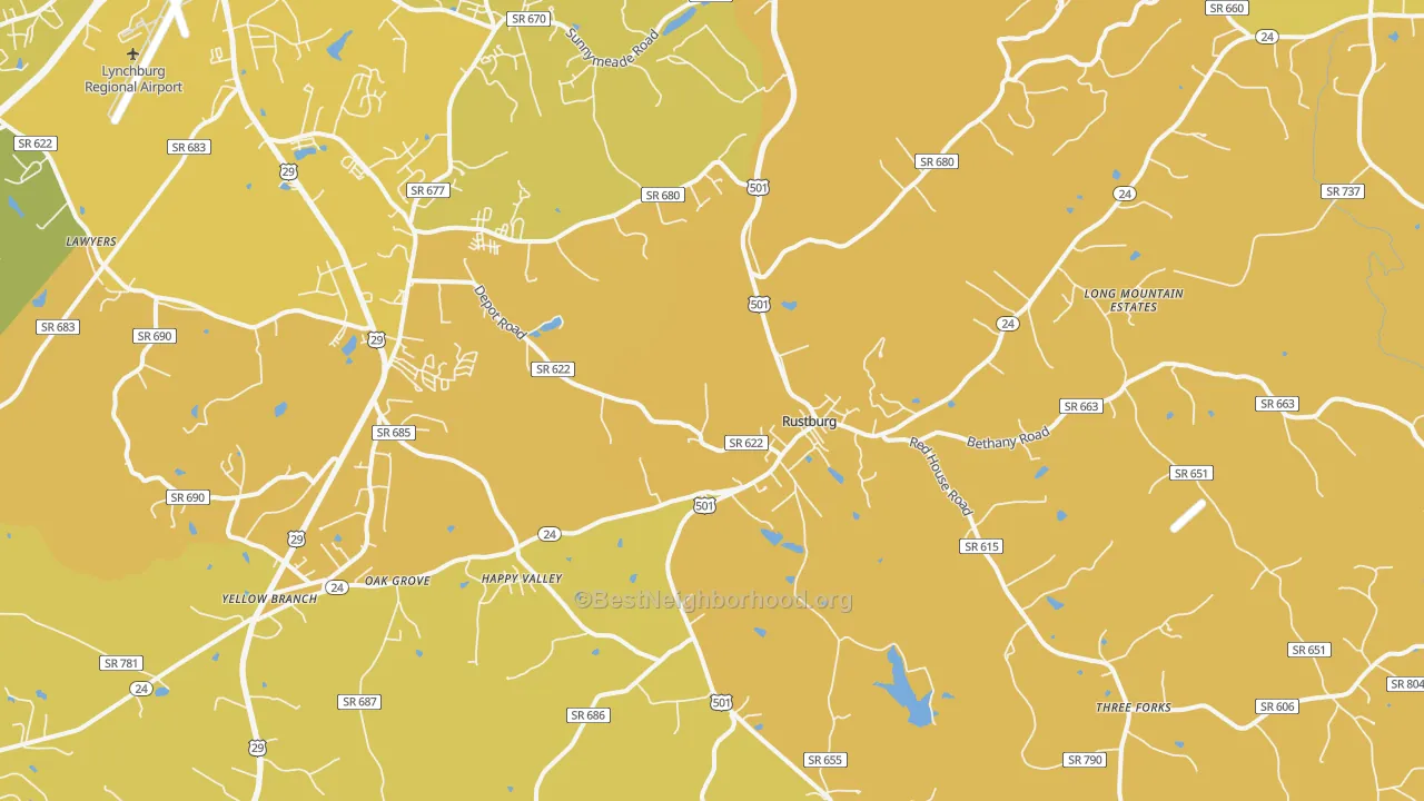 Map of the best neighborhoods in the Rustburg area, with better matches in green and worse matches in red