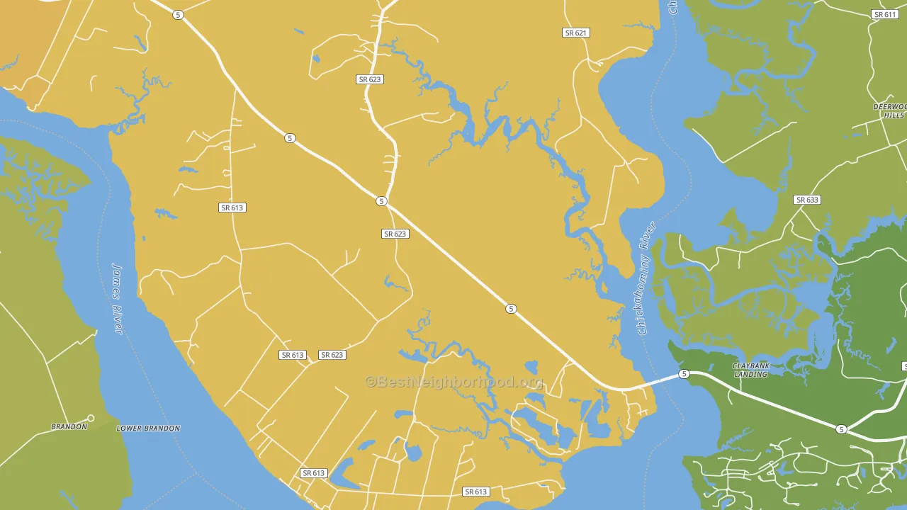 Map of the best neighborhoods in the Rustic area, with better matches in green and worse matches in red