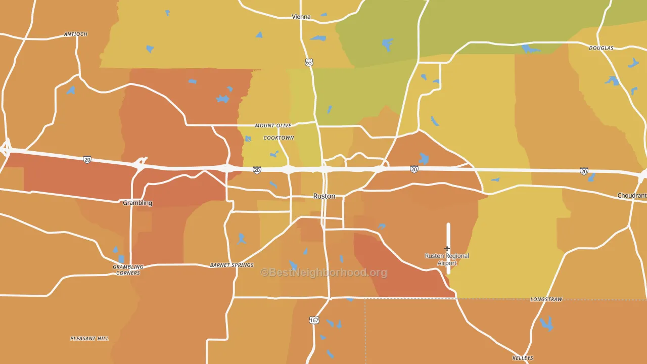 Map of the best neighborhoods in the Ruston area, with better matches in green and worse matches in red