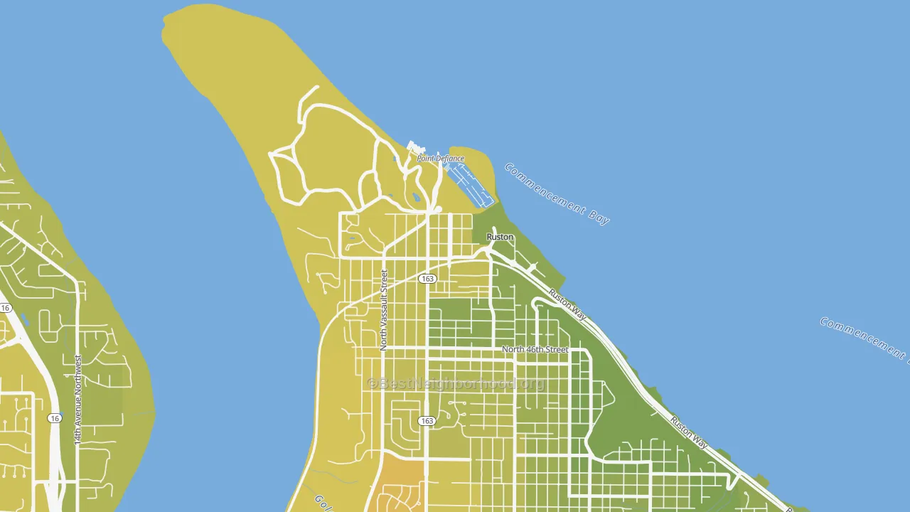 Map of the best neighborhoods in the Ruston area, with better matches in green and worse matches in red