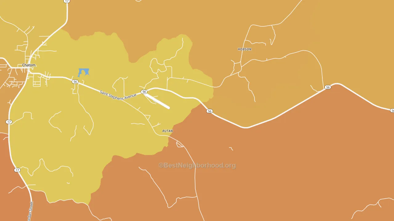 Map of the best neighborhoods in the Rutan area, with better matches in green and worse matches in red