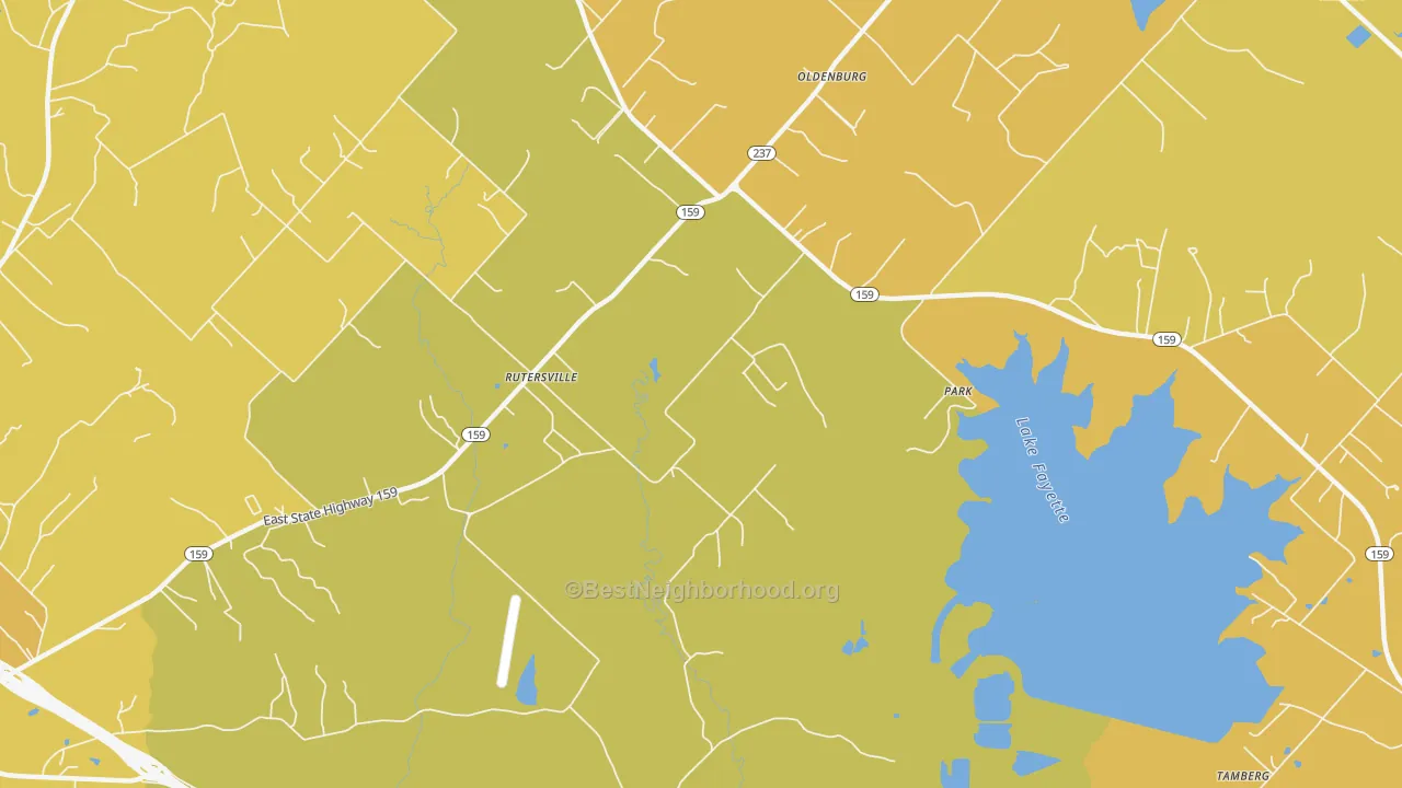 Map of the best neighborhoods in the Rutersville area, with better matches in green and worse matches in red