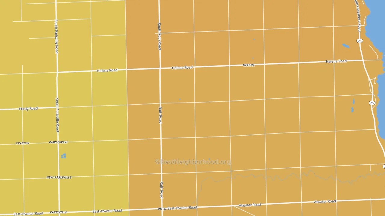 Map of the best neighborhoods in the Ruth area, with better matches in green and worse matches in red