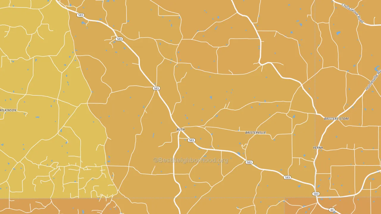 Map of the best neighborhoods in the Ruth area, with better matches in green and worse matches in red
