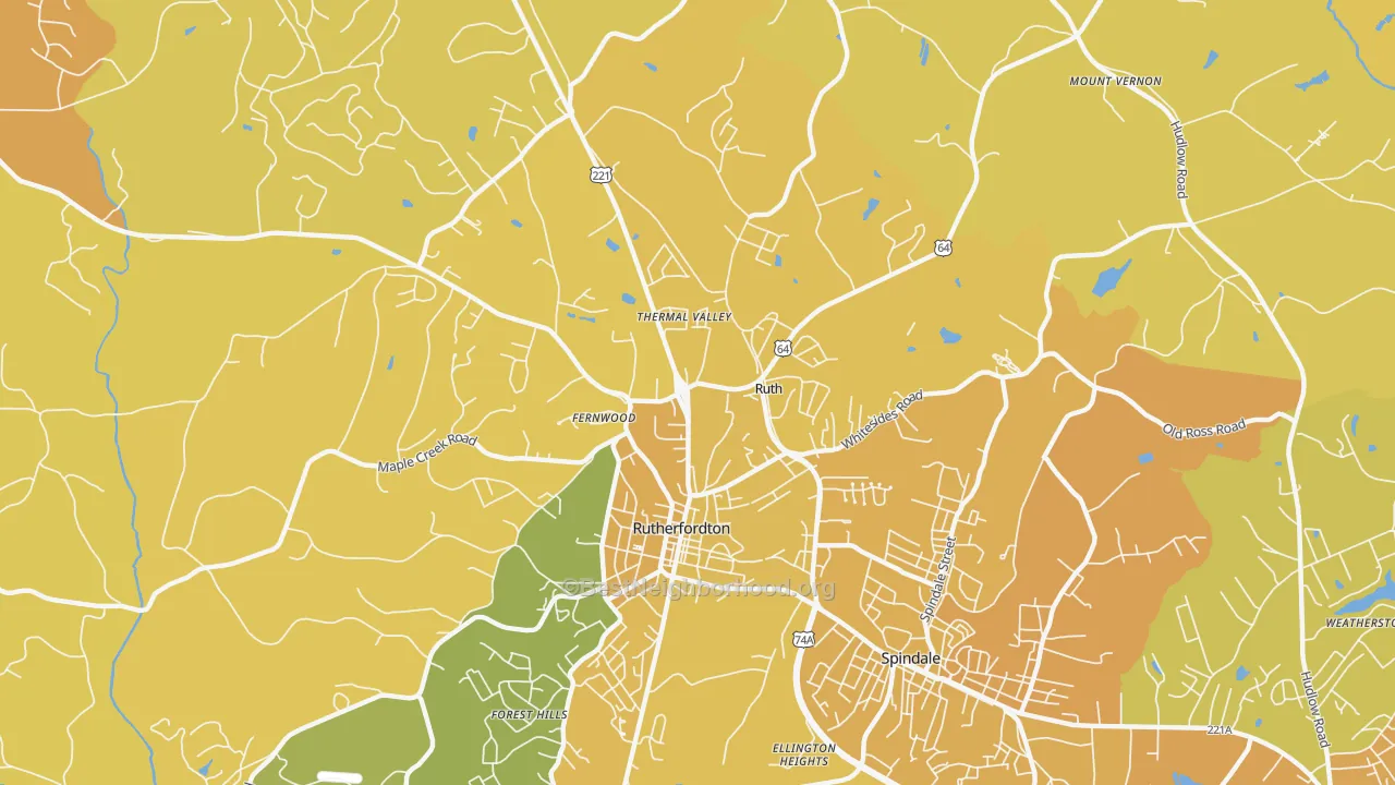Map of the best neighborhoods in the Ruth area, with better matches in green and worse matches in red