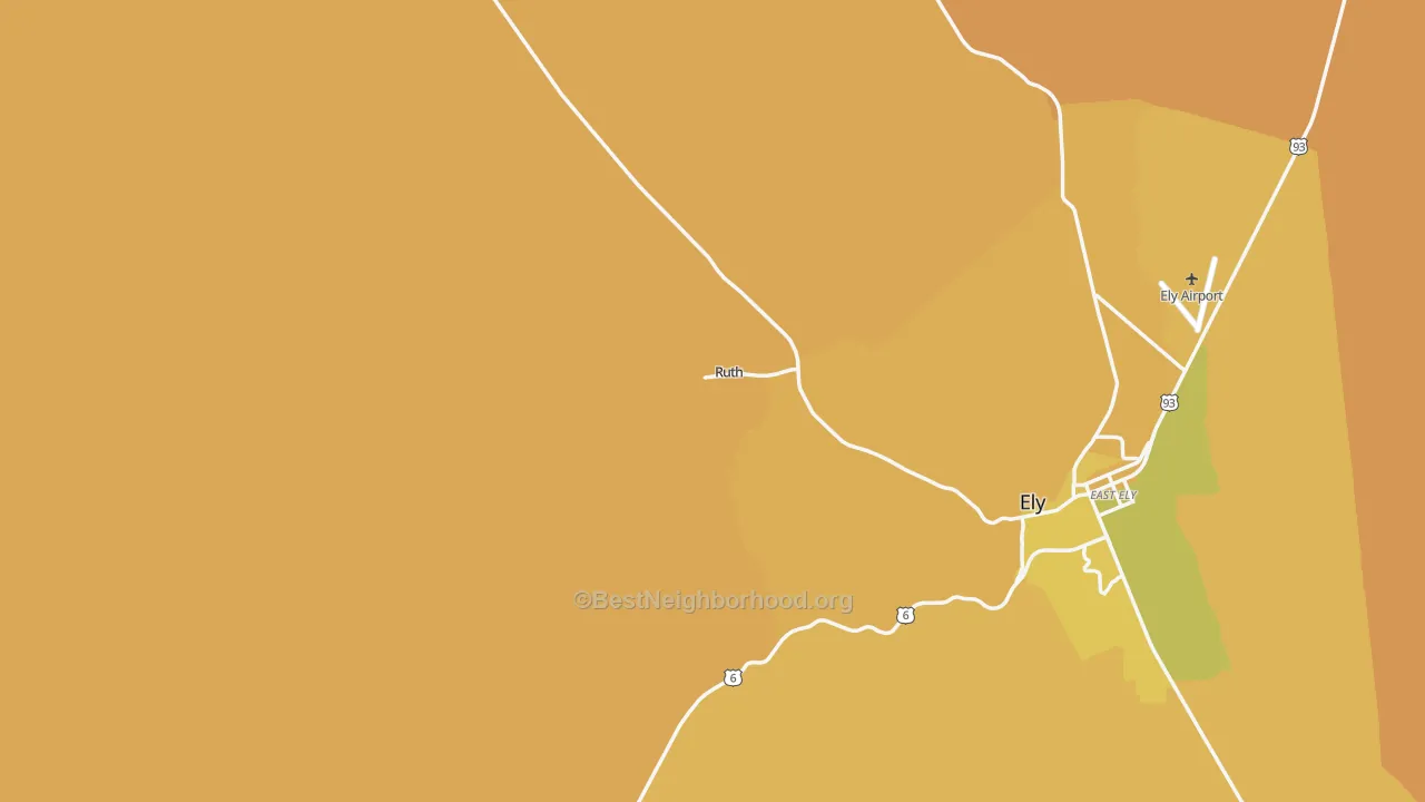 Map of the best neighborhoods in the Ruth area, with better matches in green and worse matches in red