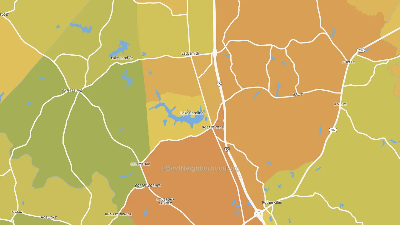 Map of the best neighborhoods in the Ruther Glen area, with better matches in green and worse matches in red