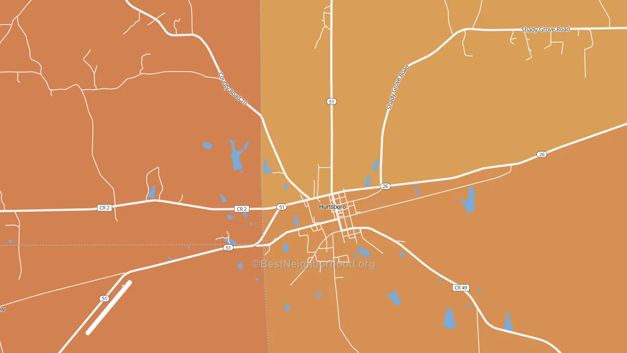 Map of the best neighborhoods in the Rutherford area, with better matches in green and worse matches in red
