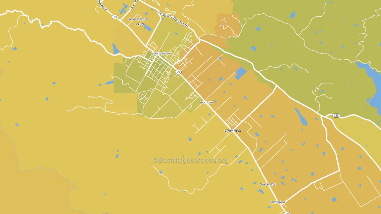 Map of the best neighborhoods in the Rutherford area, with better matches in green and worse matches in red