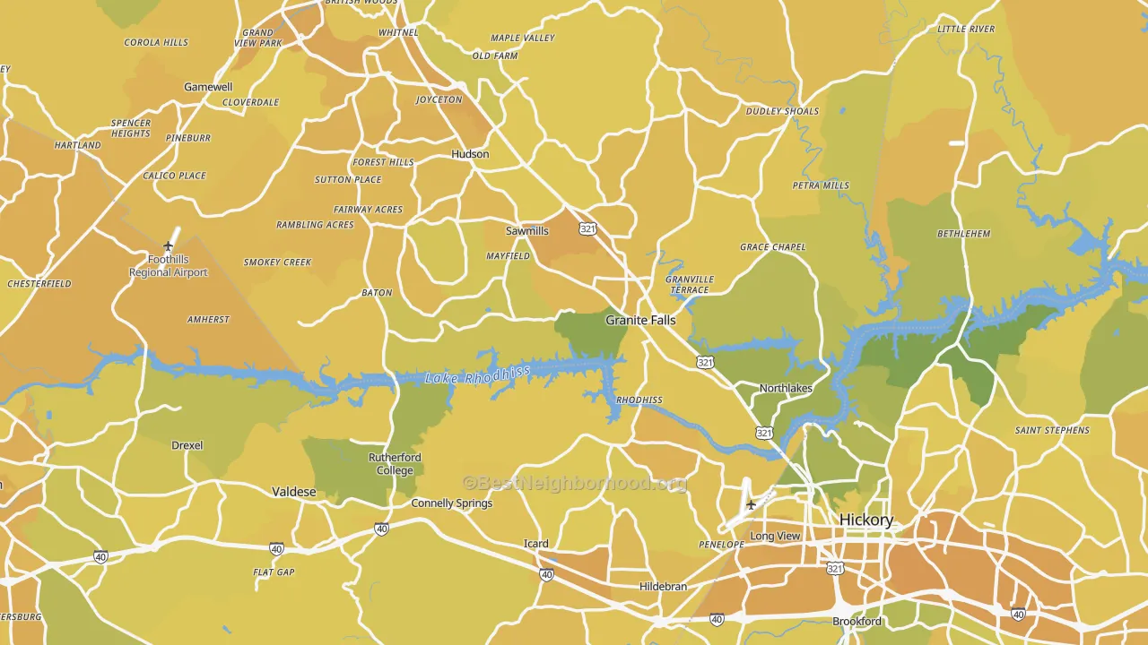 Map of the best neighborhoods in the Rutherford College area, with better matches in green and worse matches in red