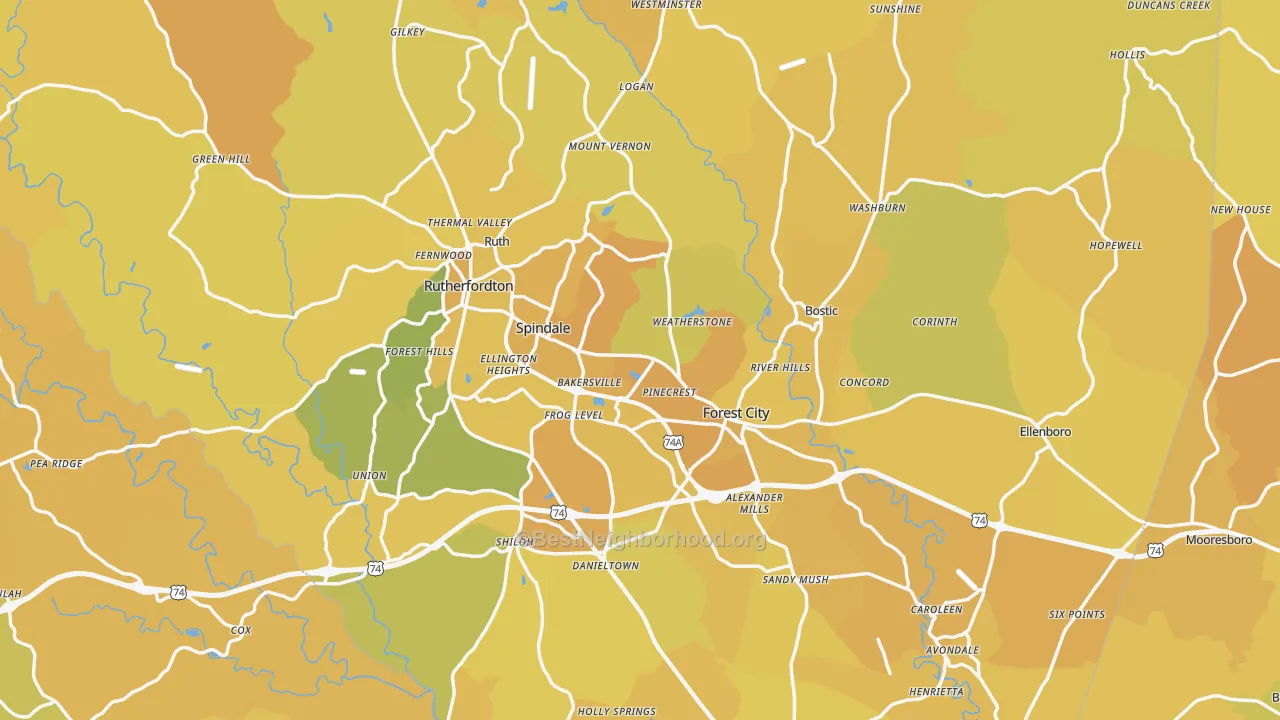 Map of the best neighborhoods in the Rutherford County area, with better matches in green and worse matches in red