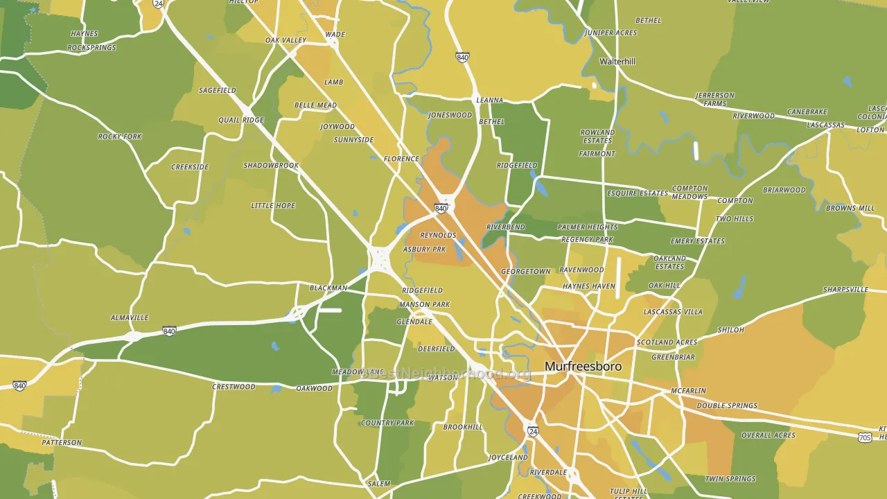 Map of the best neighborhoods in the Rutherford County area, with better matches in green and worse matches in red