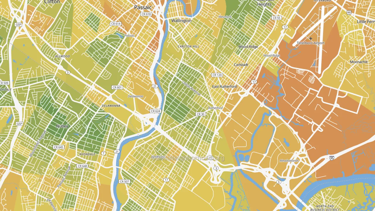 Map of the best neighborhoods in the Rutherford area, with better matches in green and worse matches in red