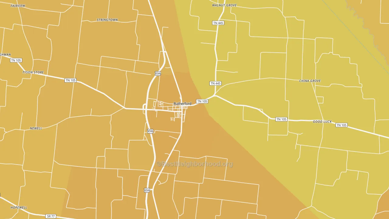 Map of the best neighborhoods in the Rutherford area, with better matches in green and worse matches in red