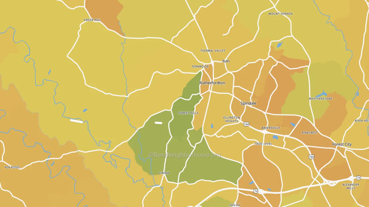 Map of the best neighborhoods in the Rutherfordton area, with better matches in green and worse matches in red