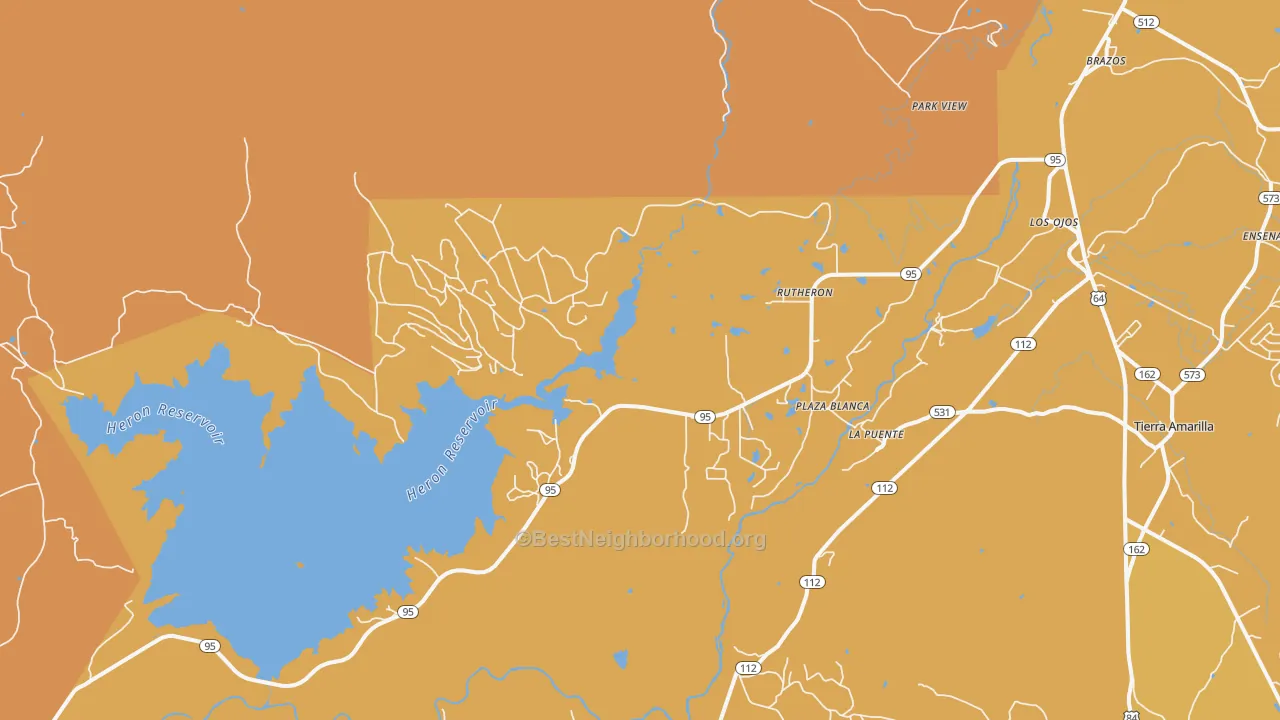 Map of the best neighborhoods in the Rutheron area, with better matches in green and worse matches in red