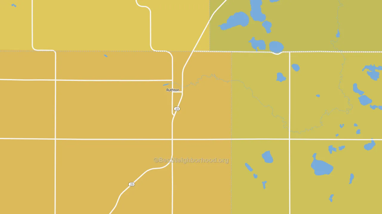 Map of the best neighborhoods in the Ruthton area, with better matches in green and worse matches in red