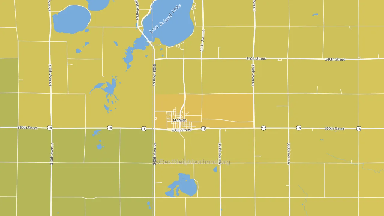 Map of the best neighborhoods in the Ruthven area, with better matches in green and worse matches in red