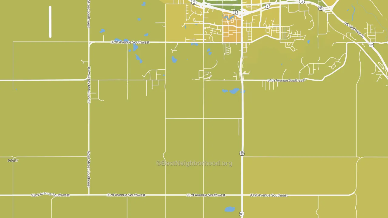 Map of the best neighborhoods in the Ruthville area, with better matches in green and worse matches in red
