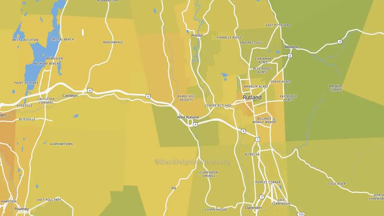 Map of the best neighborhoods in the Rutland County area, with better matches in green and worse matches in red