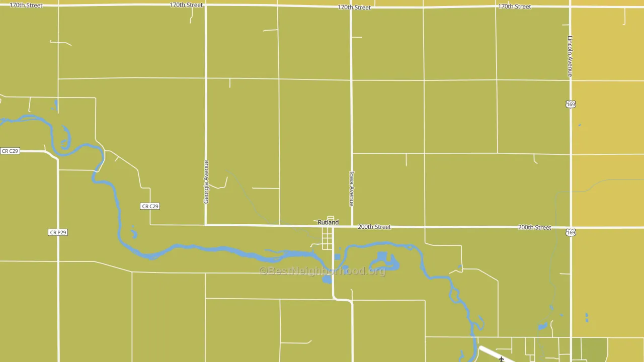 Map of the best neighborhoods in the Rutland area, with better matches in green and worse matches in red