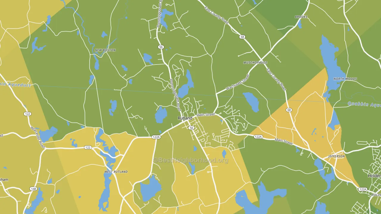 Map of the best neighborhoods in the Rutland area, with better matches in green and worse matches in red