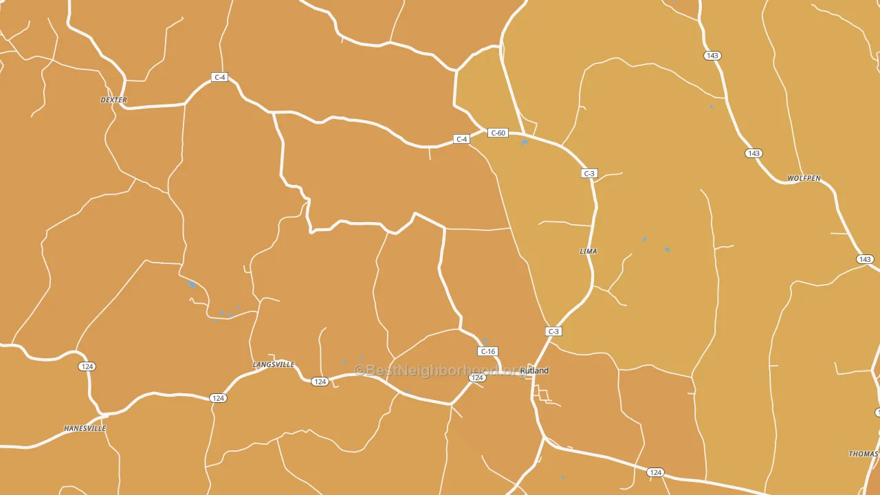 Map of the best neighborhoods in the Rutland area, with better matches in green and worse matches in red