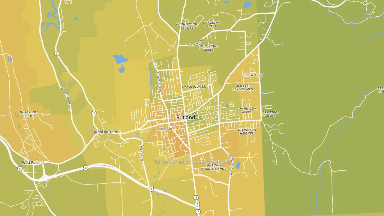 Map of the best neighborhoods in the Rutland area, with better matches in green and worse matches in red