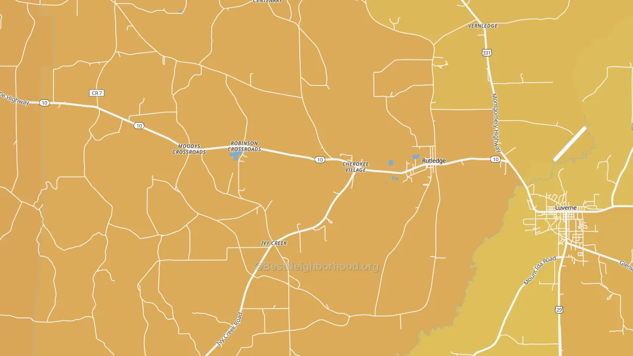 Map of the best neighborhoods in the Rutledge area, with better matches in green and worse matches in red