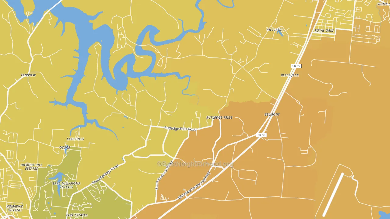 Map of the best neighborhoods in the Rutledge Falls area, with better matches in green and worse matches in red