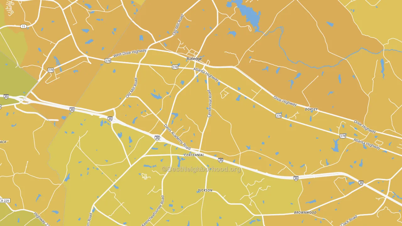 Map of the best neighborhoods in the Rutledge area, with better matches in green and worse matches in red