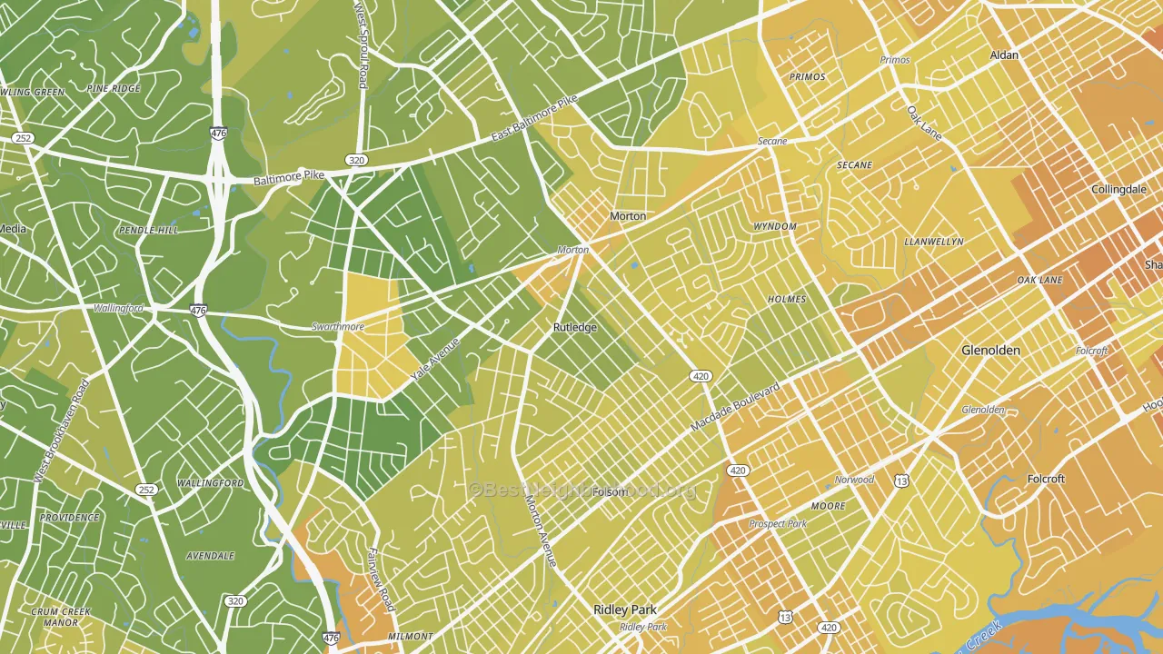 Map of the best neighborhoods in the Rutledge area, with better matches in green and worse matches in red