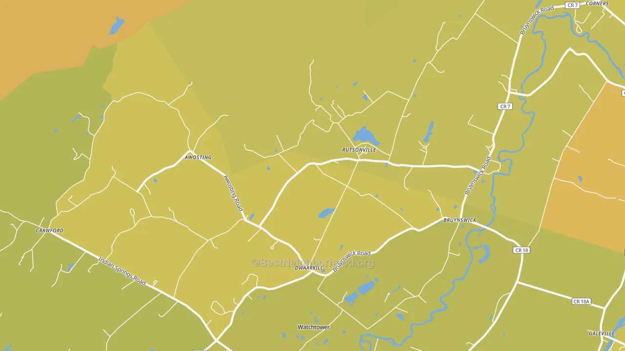 Map of the best neighborhoods in the Rutsonville area, with better matches in green and worse matches in red