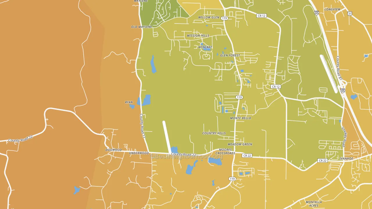 Map of the best neighborhoods in the Ryan area, with better matches in green and worse matches in red