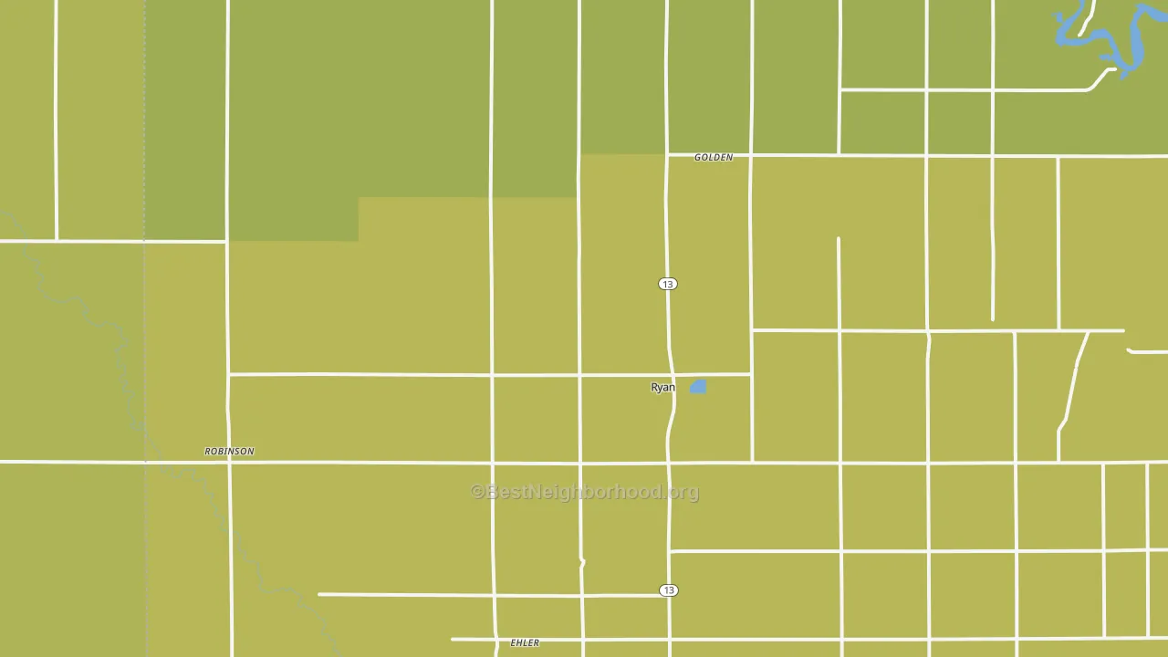 Map of the best neighborhoods in the Ryan area, with better matches in green and worse matches in red