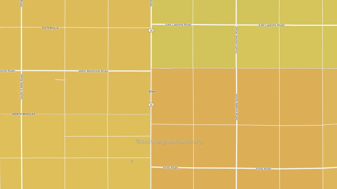 Map of the best neighborhoods in the Ryan area, with better matches in green and worse matches in red