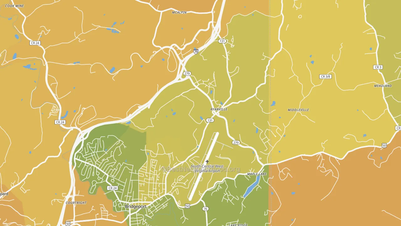 Map of the best neighborhoods in the Ryanville area, with better matches in green and worse matches in red