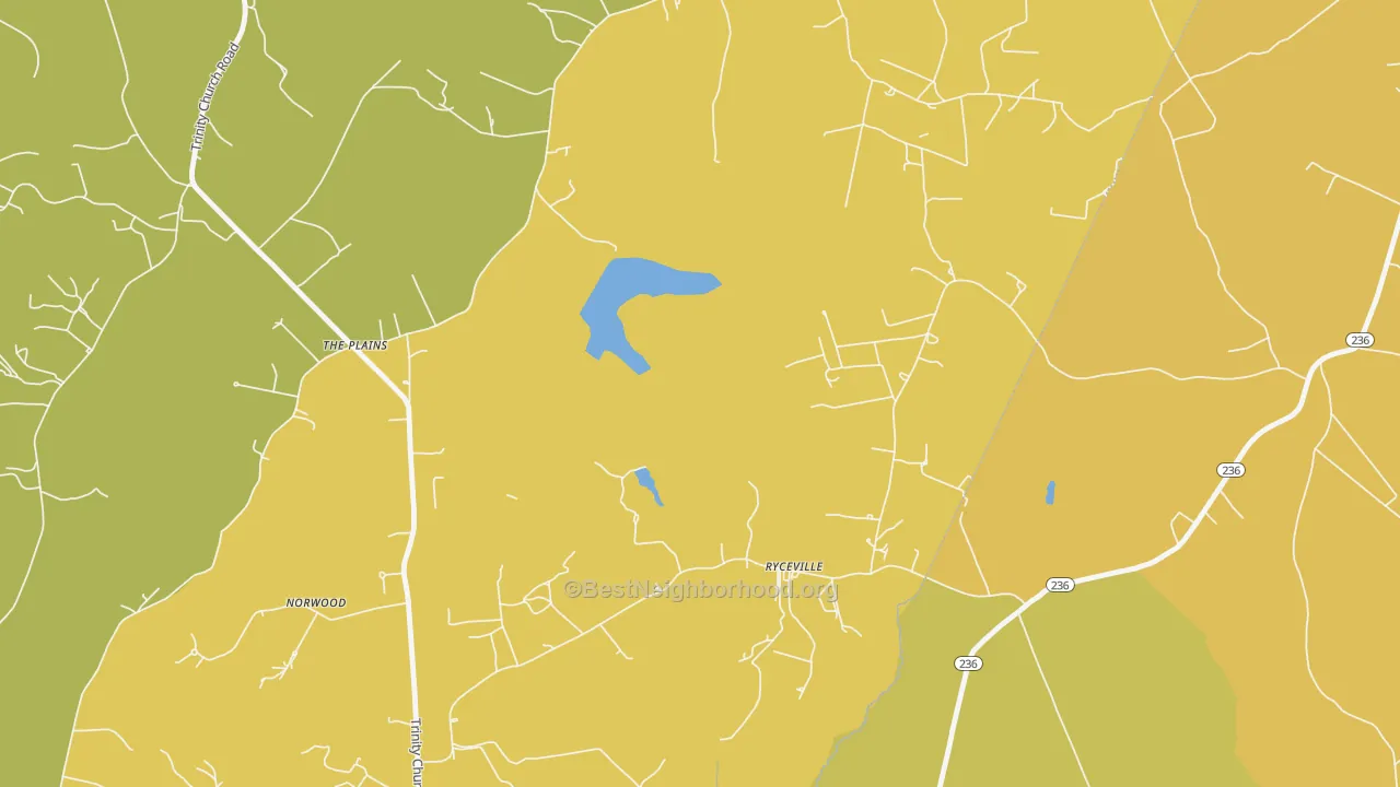 Map of the best neighborhoods in the Ryceville area, with better matches in green and worse matches in red