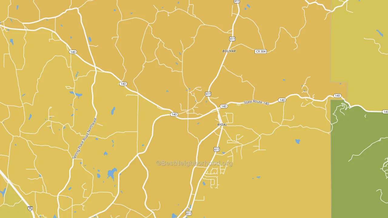 Map of the best neighborhoods in the Rydal area, with better matches in green and worse matches in red