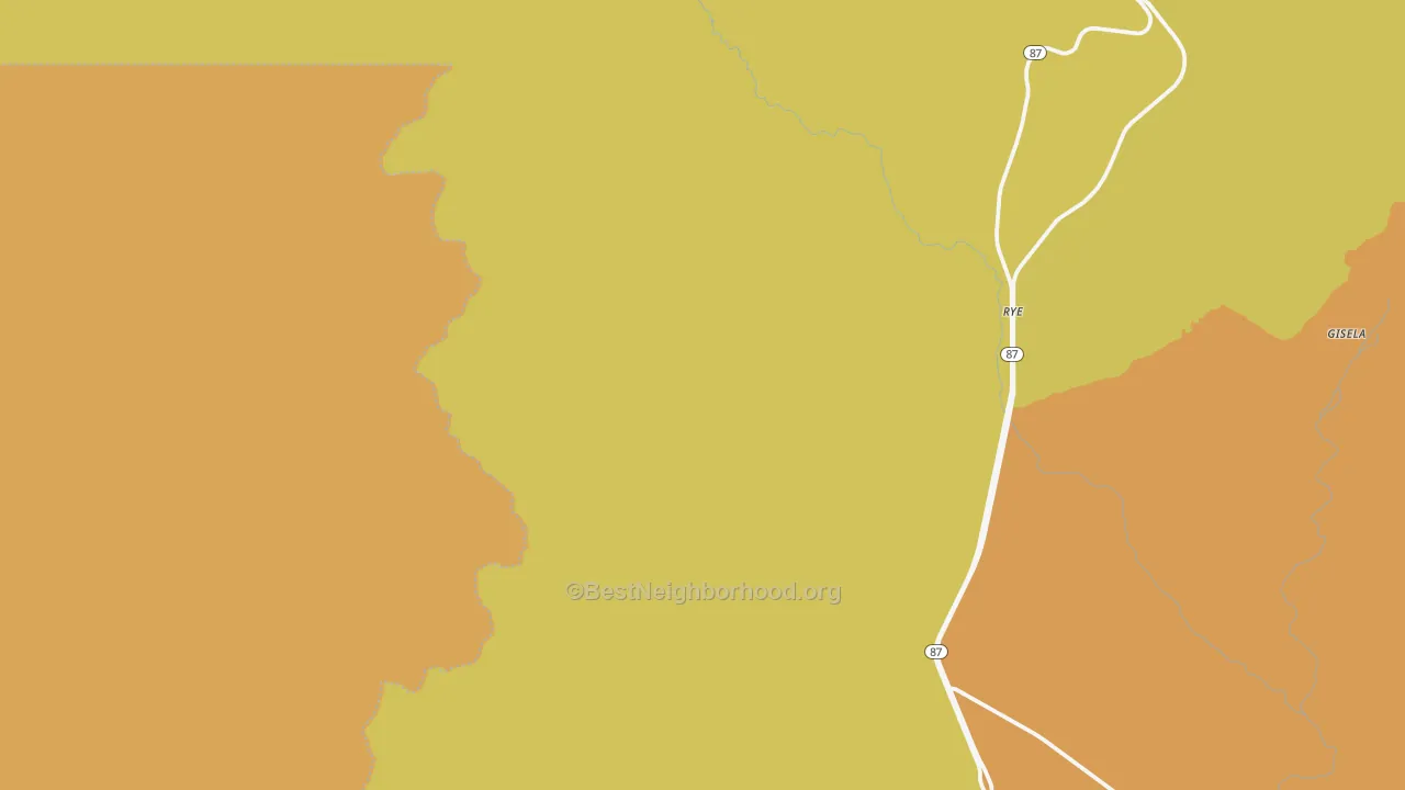 Map of the best neighborhoods in the Rye area, with better matches in green and worse matches in red