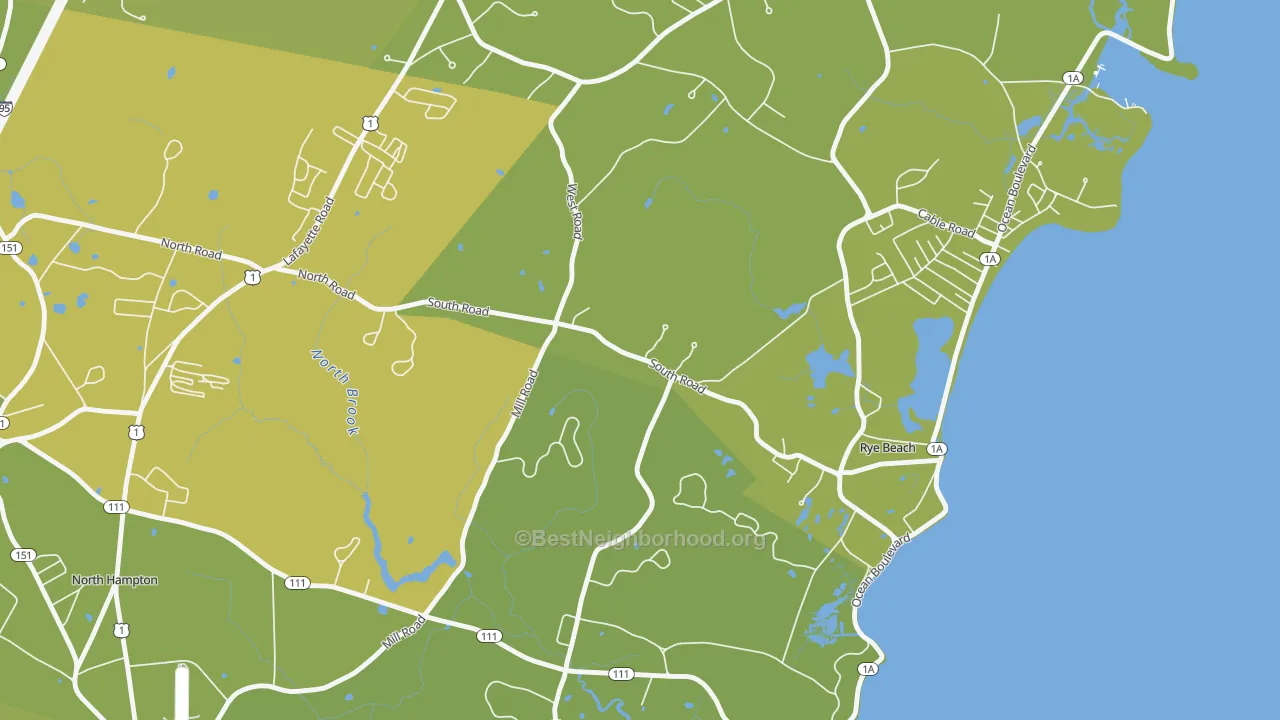 Map of the best neighborhoods in the Rye Beach area, with better matches in green and worse matches in red