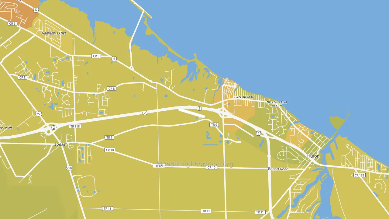 Map of the best neighborhoods in the Rye Beach area, with better matches in green and worse matches in red