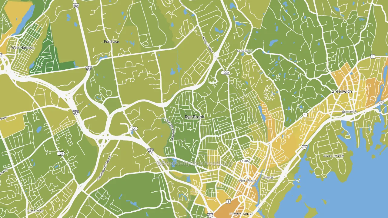 Map of the best neighborhoods in the Rye Brook area, with better matches in green and worse matches in red