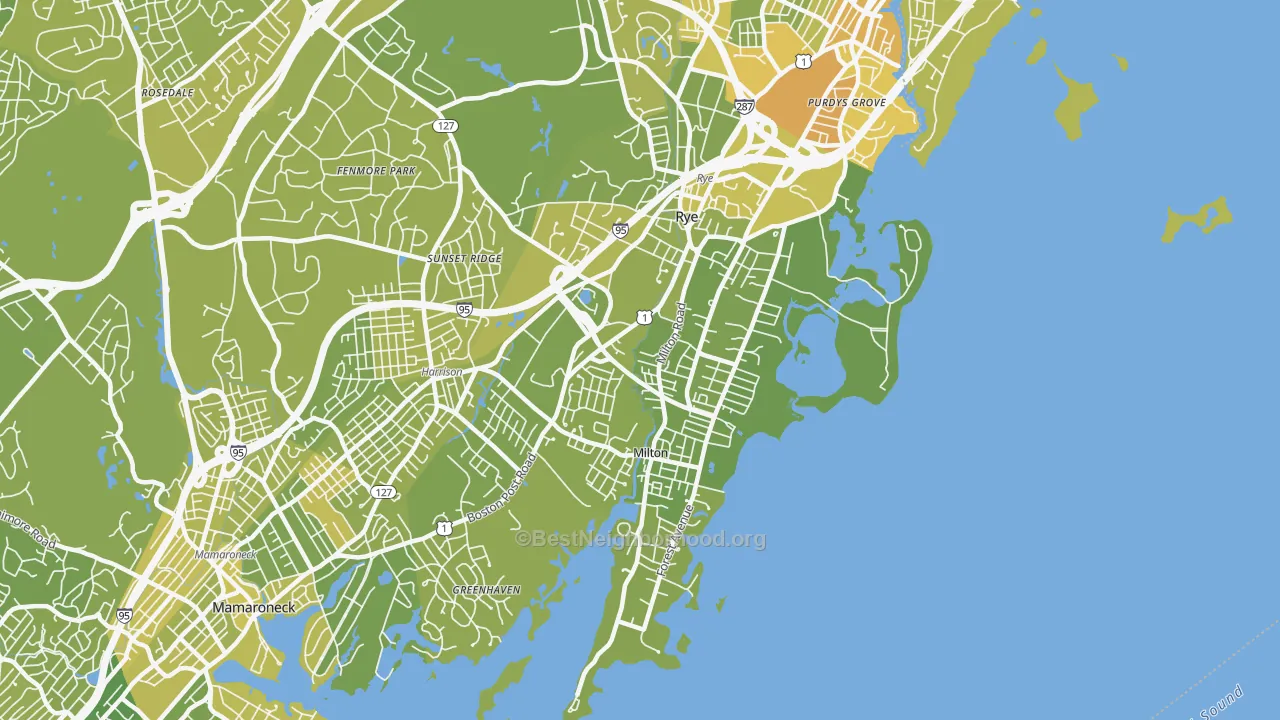 Map of the best neighborhoods in the Rye area, with better matches in green and worse matches in red
