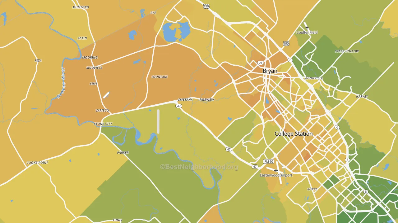 Map of the best neighborhoods in the Rye area, with better matches in green and worse matches in red