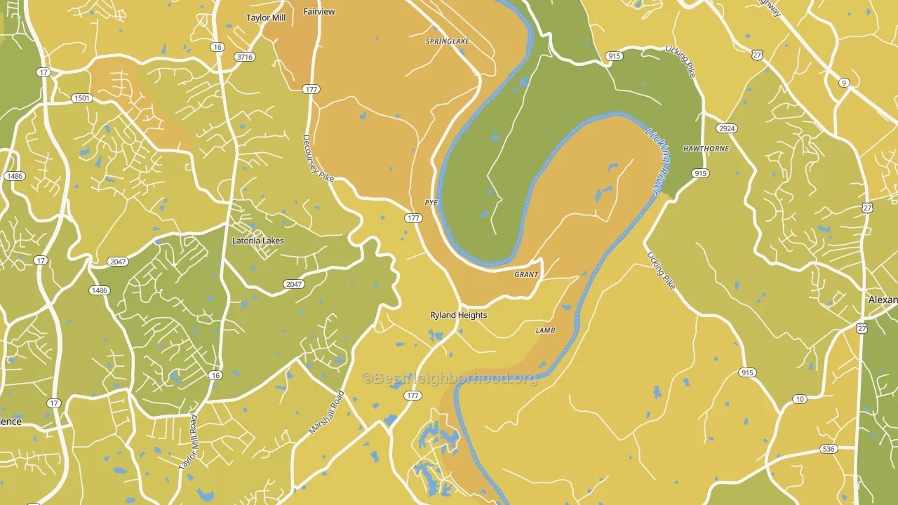 Map of the best neighborhoods in the Ryland Heights area, with better matches in green and worse matches in red