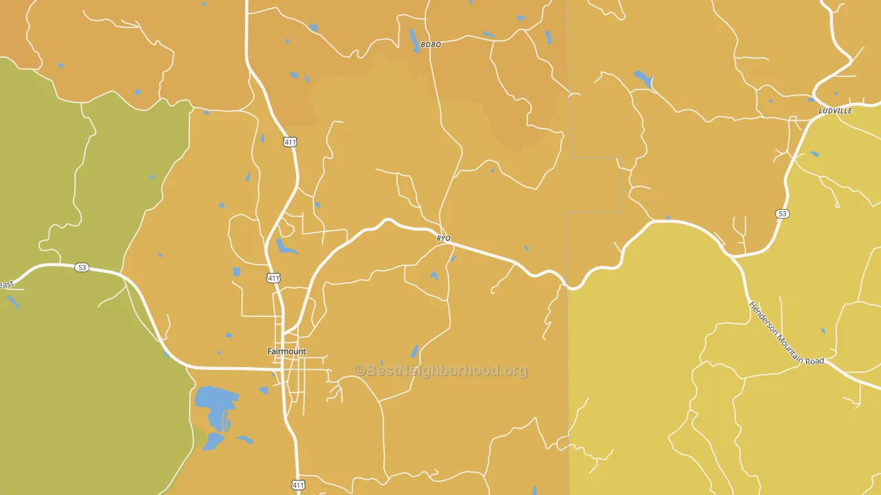 Map of the best neighborhoods in the Ryo area, with better matches in green and worse matches in red
