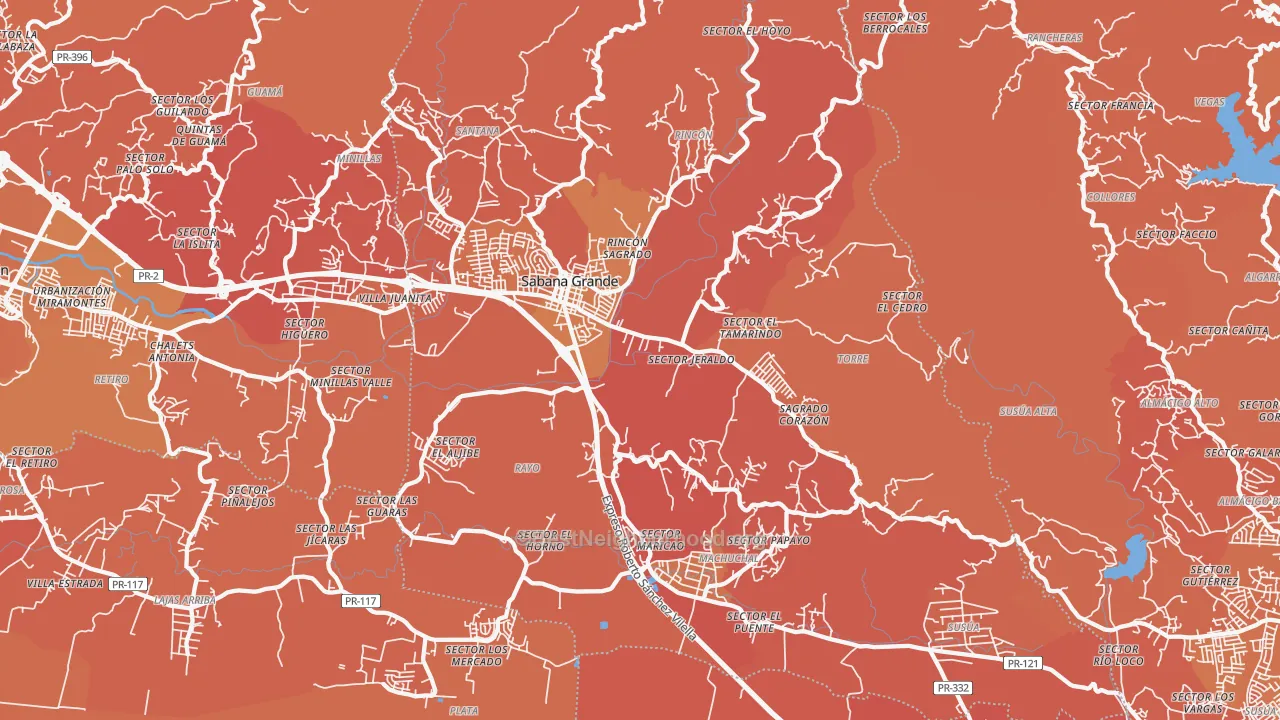 Map of the best neighborhoods in the Sabana Grande Municipio area, with better matches in green and worse matches in red
