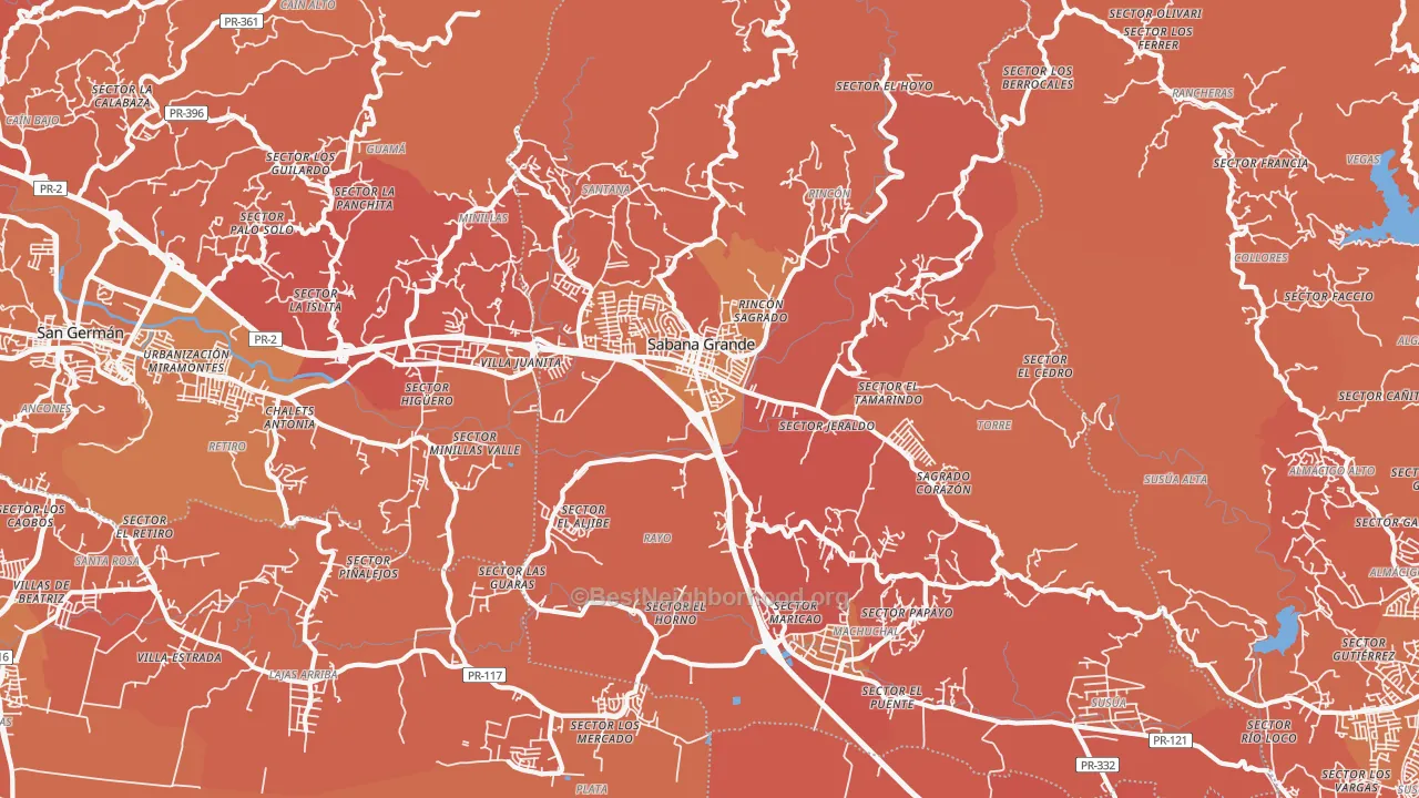 Map of the best neighborhoods in the Sabana Grande area, with better matches in green and worse matches in red